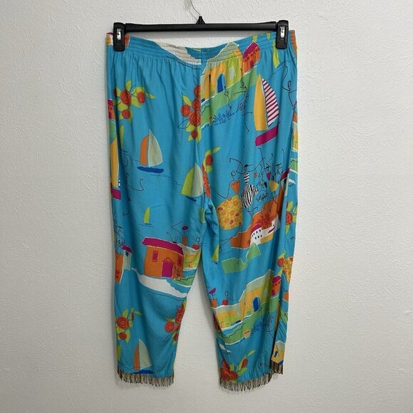 VTG 90s Paradise Turquoise Beaded Novelty Print 1X Pants Resort Wear Beach Fish - Picture 6 of 11
